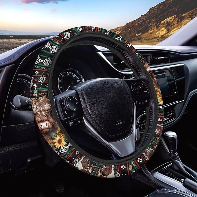 Wanyint Aztec Highland Cow Sunflower Car Steering Wheel Cover Universal 15 Inch Breathable Better Grip, Cute Car Accessories Decoration for Women Men
