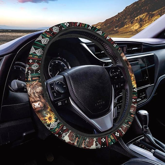 Wanyint Aztec Highland Cow Sunflower Car Steering Wheel Cover Universal 15 Inch Breathable Better Grip, Cute Car Accessories Decoration for Women Men
