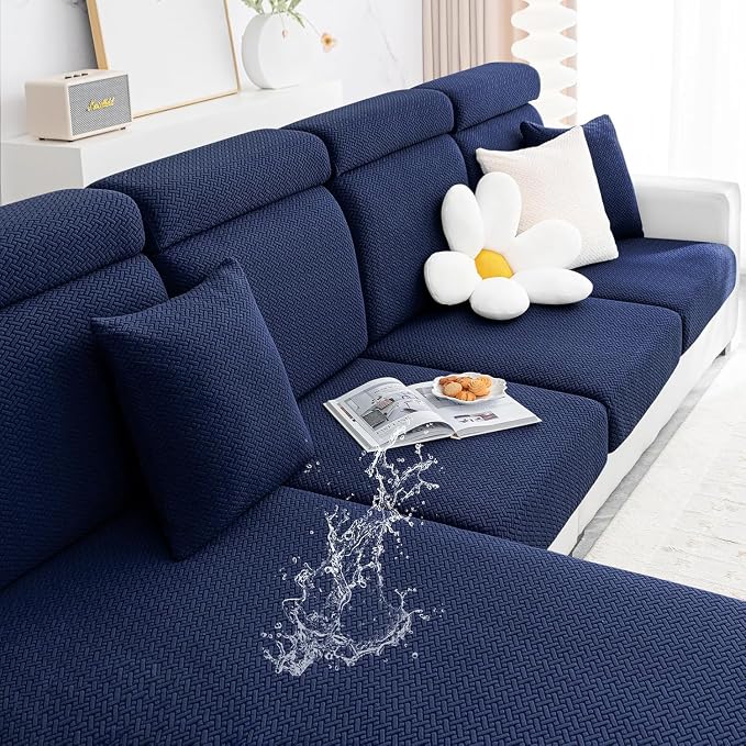 Smiry Waterproof Couch Cushion Covers, Stretch Jacquard Thick Sofa Cushion Covers, Washable Seat Slipcover Elastic Furniture Protector for Pets, Kid (3PC, Navy)