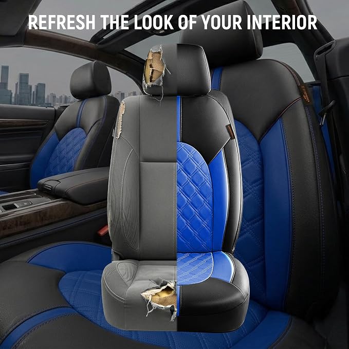 CAROMOP Luxury PU Leather Car Seat Covers Front Set, Anti-Stain Waterproof Automotive Seat Covers for Cars, Universal Car Interior Covers Seat Protectors for SUVs Pick-up Trucks(Royal Blue)