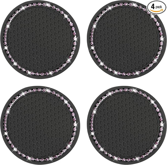 BFXM 4 PCS Bling Cup Holder Coasters for Car, 2.75 inch Diamond Universal Non-Slip Silicone Cup Holder Coasters, Sparkly Bling Car Accessories for Women(Pink Diamond)