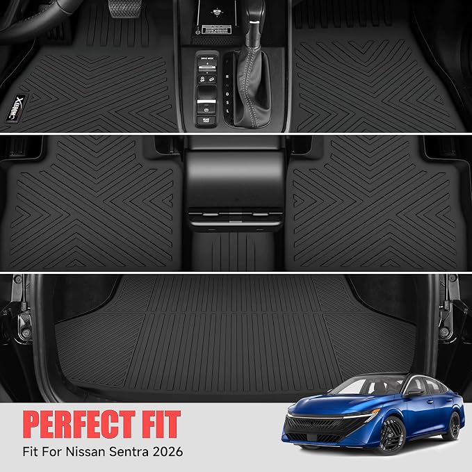 Floor Mats & Trunk Mat for 2026 Nissan Sentra | All Weather TPE Floor Liners Fit for Nissan Sentra 2026 1st & 2nd Row and Cargo Liner Odorless Anti-Slip Black Rubber Mats