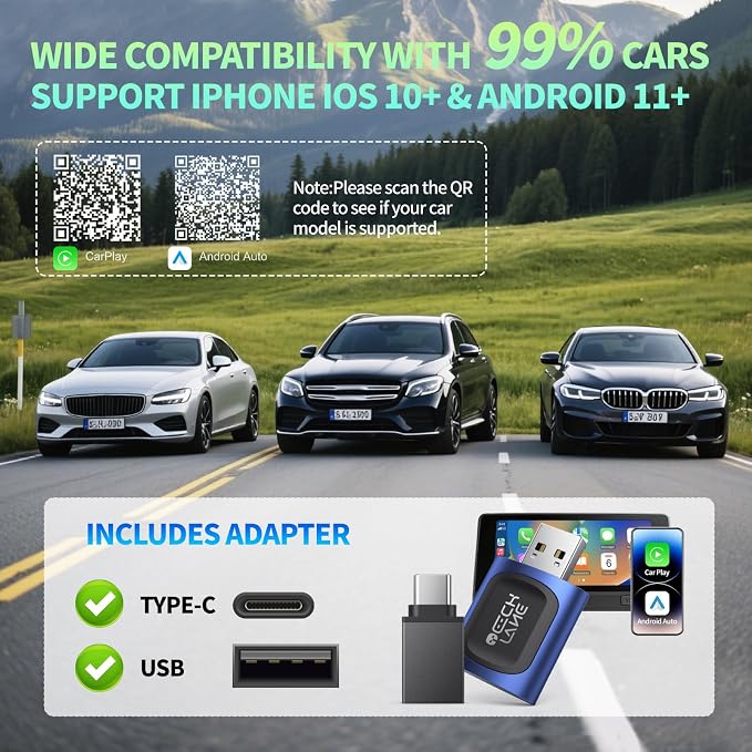 2026 Upgraded 2-in-1 Wireless CarPlay Adapter & Android Auto Wireless Adapter, Bluetooth Car Adapter for Wired to Wireless, Fast & Stable Auto-Connect, 5G WiFi & BT 5.4, Plug & Play (USB-C/A)