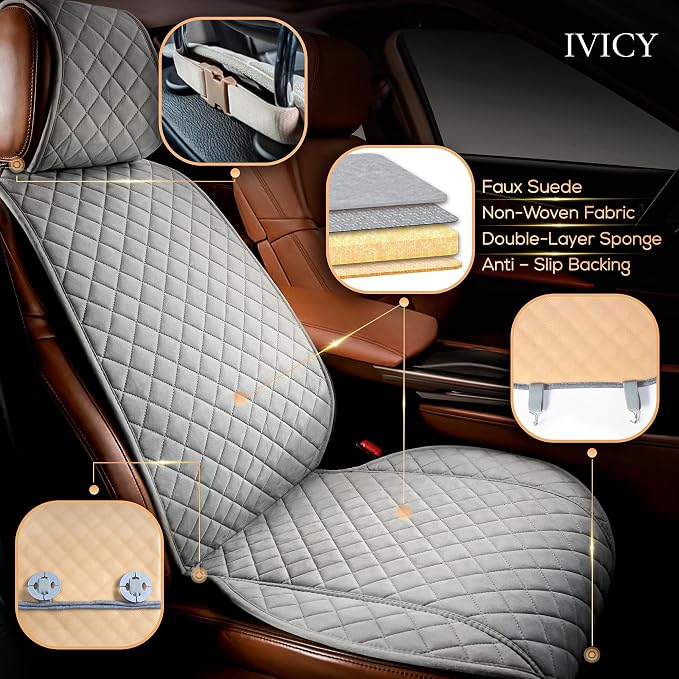 IVICY Faux Suede Front Car Seat Cover – Non-Slip Bucket Seat Protector for Most Cars, SUVs, Vans & Trucks – 1 Seat Cover, Machine Washable, Side-Airbag Friendly, Light Gray