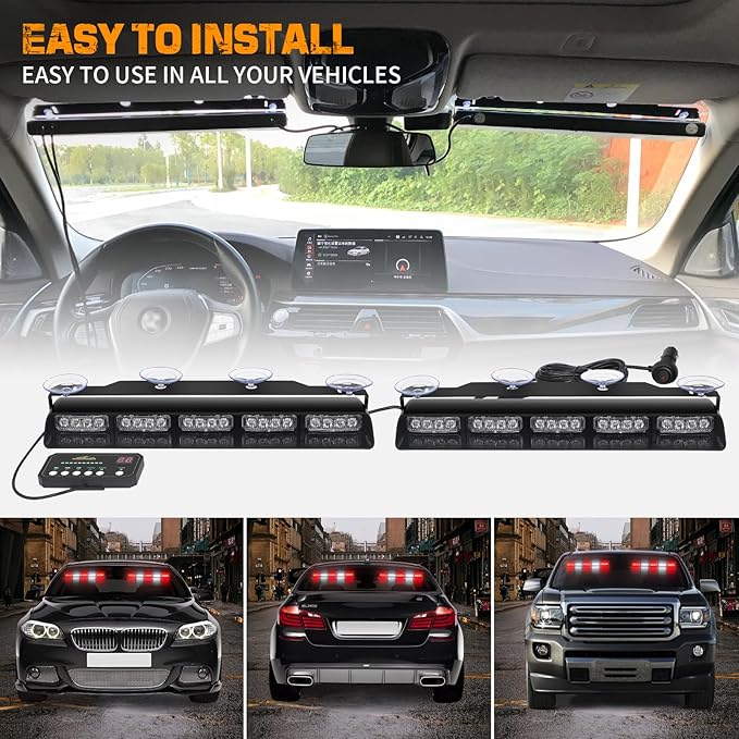 XRIDONSEN 2x 17 inch Red White Emergency Lights 40 LED Dash Strobe lights | Interior Front/Rear Windshield Lights Safety Flashing Warning Hazard for Vehicles Trucks Car