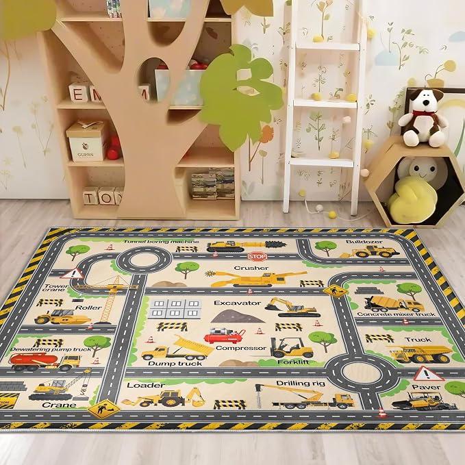 Kids Construction Playroom Rug, Faux Wool Excavator Map, Non-Slip, 5 x 7 ft | Excavator and truck design; Construction-site play; Soft faux wool surface; Non-slip backing; Easy-care finish