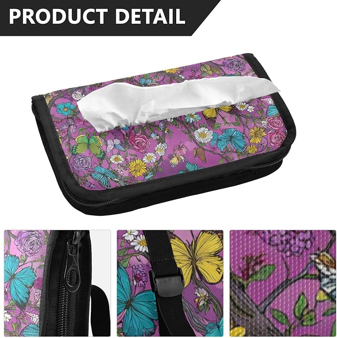 Car Visor Tissue Holder Mask Holder for Car, Car Tissue Box Sun Visor Napkin Holder Car Visor Accessories Adjustable Straps Reusable Durable Easy to Install Rose Flowers Butterfly Trees Purpl