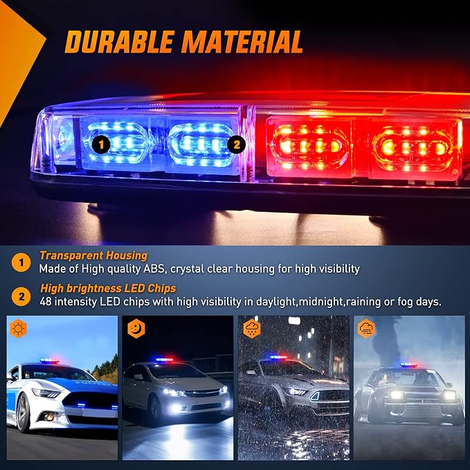 Nilight 12 Inch Roof Top Strobe Lights 48LED Hazard Light Emergency Safety Warning LED Flashing Bar Magnetic Mount 12V 24V Cars Trucks Tractors Snow Plows Construction Vehicles