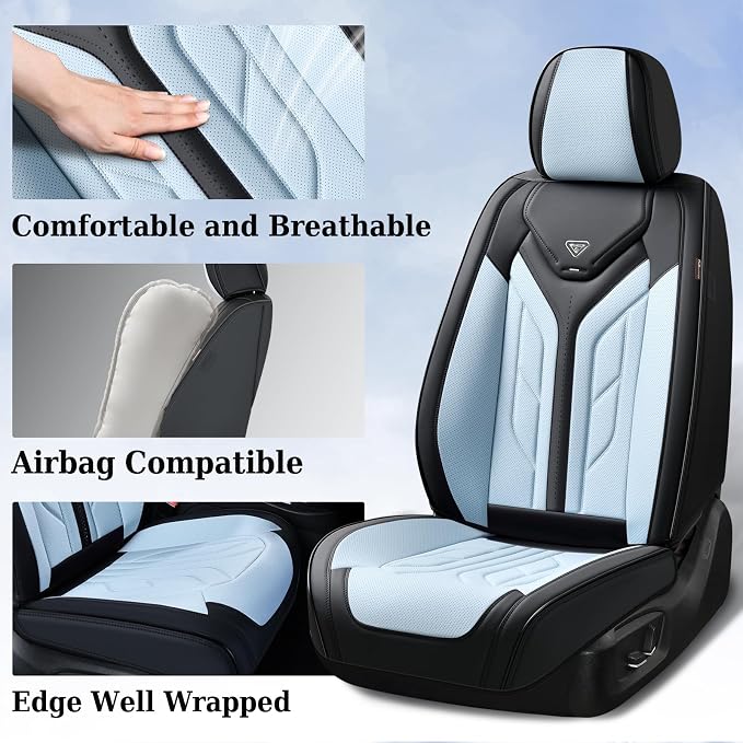 Coverado Seat Covers, Car Seat Covers Front Seats, Leather Seat Covers for Cars, Automotive Seat Covers Car Seat Protector Car Seat Cushion Universal Fit for Most Sedans SUV Truck(Black&Light Blue)