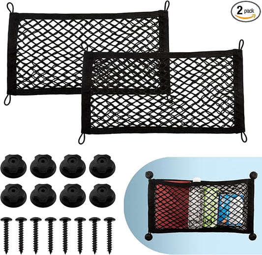 2 Pack Small Cargo Net Pocket Storage Pouch Bag 21 x 9.8 Inches RV Netting Elastic Automotive Cargo Nets with 8 Mounting Screws, Storage Mesh for Car Trunk SUV Boats