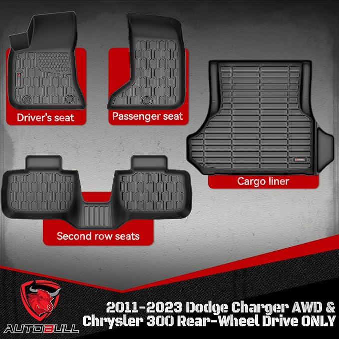 Floor Mats & Cargo Liner Compatible with 2011-2023 Dodge Charger AWD & Chrysler 300 All-Wheel Drive ONLY Cargo Mat, Full Set All Weather Protection 1st, 2nd Row Car Liners & Trunk Mat, Black
