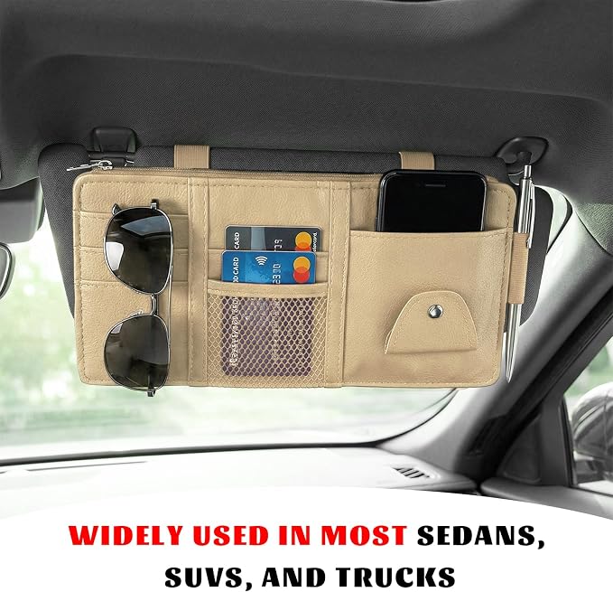 Car Sun Visor Organizer, Multifunctional Auto Visor Storage Bag with Net Pocket & Eyeglass Clamp, Waterproof Multi-Pocket Storage Pouch Ticket Organizer for Car Sun Visors (Beige)