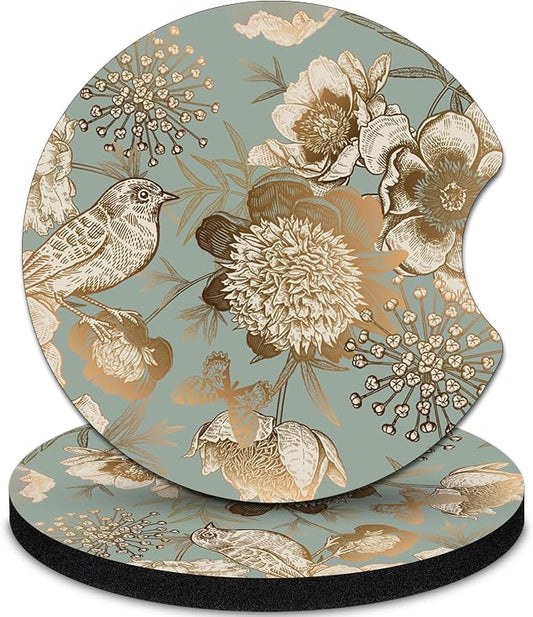 2 Pack Car Coasters，2.75-inch Neoprene Non-Slip Cup Holder Coasters for Car，Cute Car Interior Accessories for Men and Women，Golden Flower