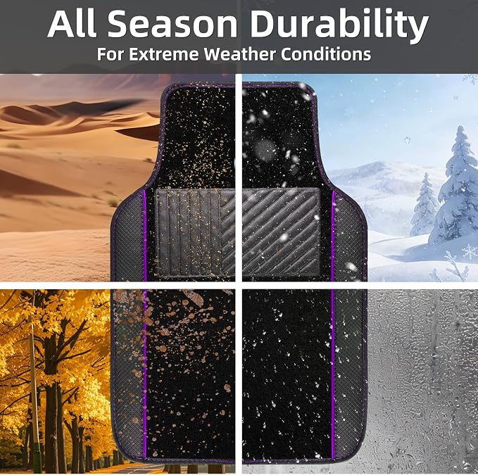 NBTEPEM Waterproof Universal Fit Car Floor Mats, Faux Leather Sporty Car Carpet Mats with Anti-Slip Nibbs Backing & Driver Heel Pad Fit for SUV, Vans, Sedans, Trucks, Set of 4 (Black with Purple line)