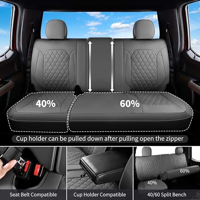 Huidasource Gray Rear Seat Covers Fit for Ford F150 2015-2026 & F250 F350 F450 2017-2026 Crew Cab XL XLT Lariat King Ranch Platinum, Nappa Leather Waterproof Rear Bench Car Seat Cover