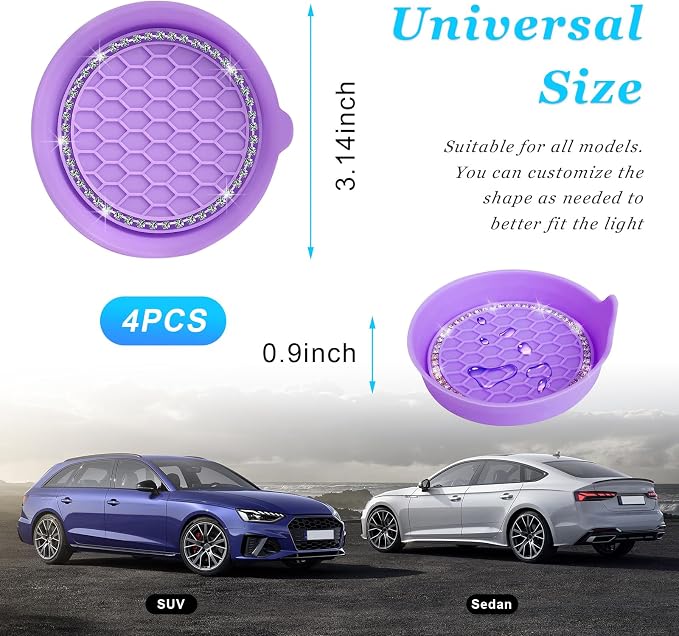 Ziciner 4 PCS Car Cup Coaster Holders, 3.15 Inch Silicone Anti-Slip Auto Insert Coaster, Crystal Rhinestone Car Drink Cup Mat, Universal Durable Auto Interior Accessories (Purple, 4Pack)