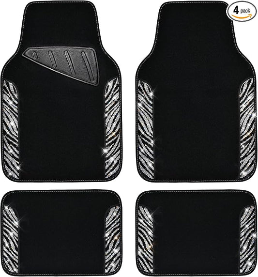 CAR PASS Bling Zebra Car Mats Rhinestones Diamond Waterproof Floor Mat Crystal Sparkly Shining Glitter Carpet Anti-Slip PVC Heel Pad, Universal Fit Automotive SUV,Sedan,4pcs Girly Women, Zebra Diamond
