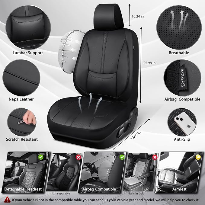 CAR PASS Nappa Leather Seat Covers for Toyota RAV4 Camry Corolla, Black | 2 Front Seats, Custom Fit for RAV4 2019-2025, Camry 2018-2024, Corolla 2020-2025, 3D Foam Faux Leather, Lumbar Support