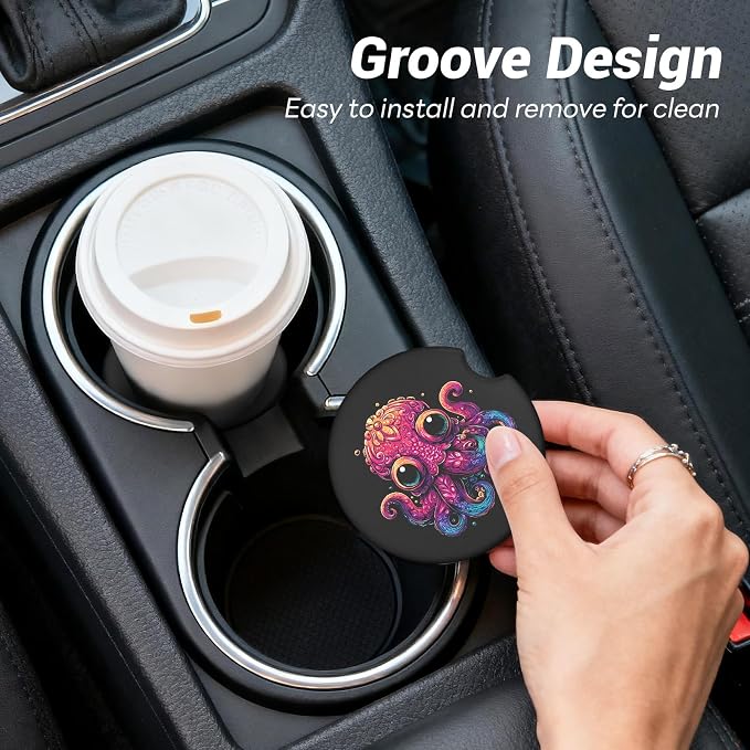 Car Cup Holder Ceramic Coasters 2 Pack, 2.56 in Anti Slip Absorbent Coaster with Cork Base and Finger Notch, Funny Cute Car Accessories Interior for Women, Octopus