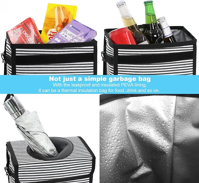 Femuar Car Trash Can with Lid - Leak Proof, Waterproof, Multipurpose Car Hanging for Headrest, Collapsible, Portable with Storage Mesh Pocket, Stripe