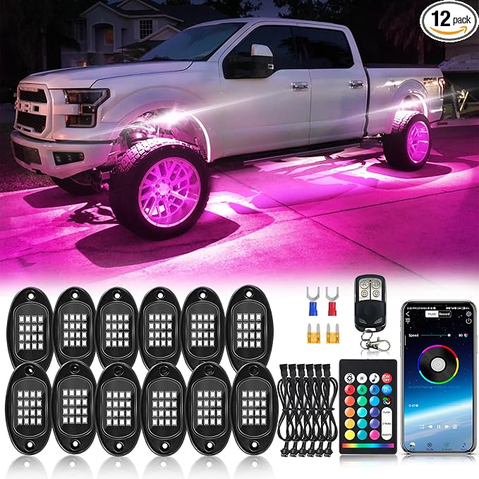 12Pods Segmented RGB LED Rock Lights Kit with APP/RF Remote Control, Upgraded Multicolor Underglow Lights Neon Music Mode 12V Underbody Light for Trucks Pickup Jeep Golf Cart ATV UTV RZR SXS