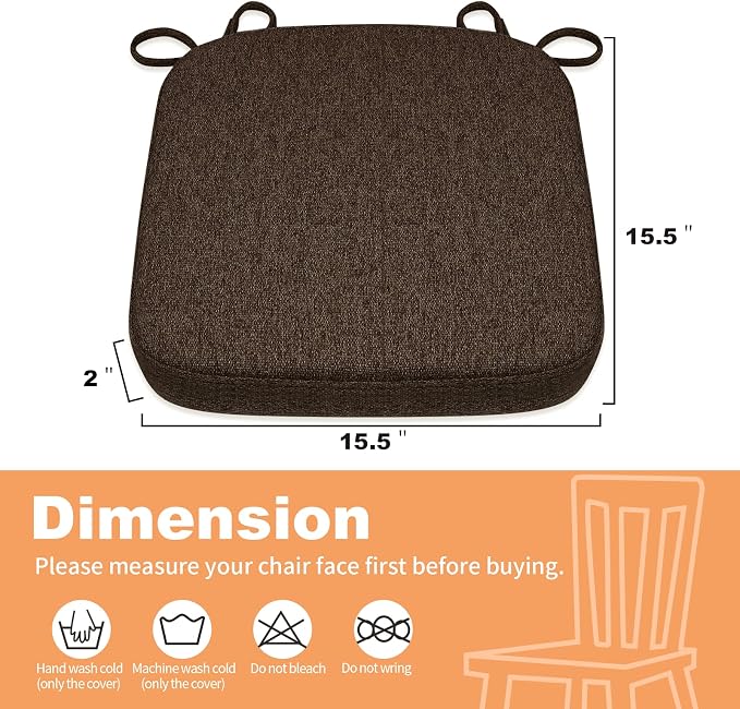 SINOSSO Memory Foam Chair Cushion for Folding Chair 1 Pcs, Thickened 2" Square Kitchen Chair Pad with Ties, Indoor Non-Slip Dining Chair Seat Cushion (1 Piece, Dark Brown)
