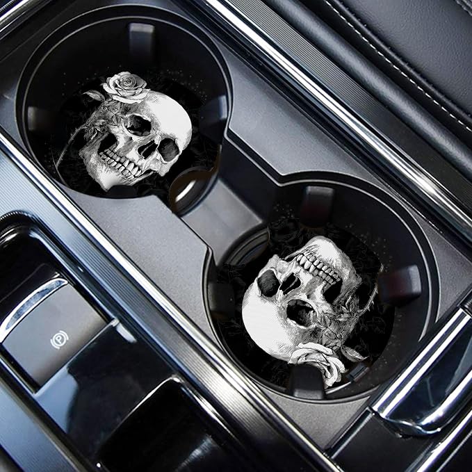 WOCOCN Car Coasters,Cup Holder Coasters for Car,2.75inch Anti Slip and Absorbent,Cute Automotive Interior Accessories for Cup Holder,Pack of 2 (Rose Skull)