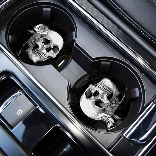WOCOCN Car Coasters,Cup Holder Coasters for Car,2.75inch Anti Slip and Absorbent,Cute Automotive Interior Accessories for Cup Holder,Pack of 2 (Rose Skull)
