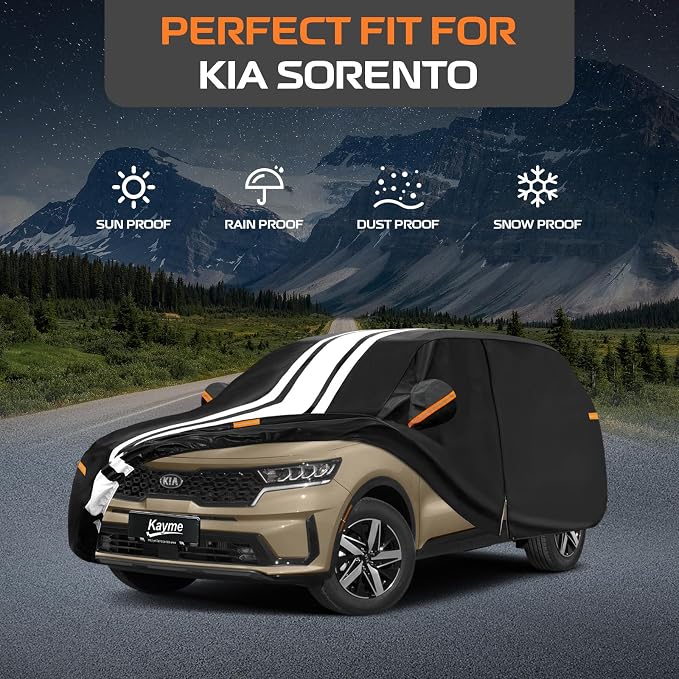 Kayme Heavy Duty Car Cover Custom Fit for Kia Sorento (2002-2026) Waterproof All Weather for Automobiles, Outdoor Full Exterior Cover with Tape and Towel, Rain Snow Sun UV Protection.