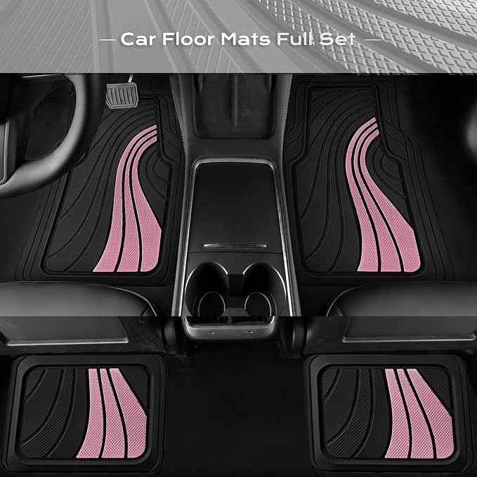 Road Comforts Car Floor Mats Full Set – Front & Rear Car Floor Mats with Aluminum Design, Anti-Slip Backing, All-Weather Protection, Trim-to-Fit Car Mats for Most Sedans, SUVs & Vans - Pink
