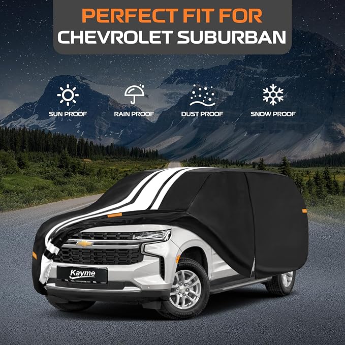 Kayme Heavy Duty Car Cover Custom Fit for Chevrolet Suburban (1973-2026) Waterproof All Weather for Automobiles, Gift with Tape/Towel, Outdoor Full Exterior Cover Rain Snow Sun UV Protection.