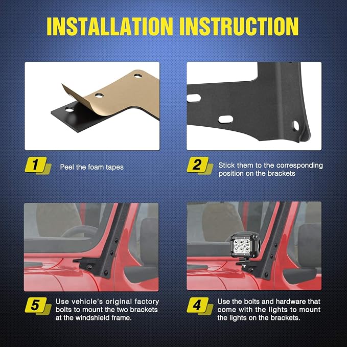 Nilight Upper Windshield Frame Mounting Bracket A-pillar Mounts for 52 Inch Light Bar and LED Pod Lamp on Wrangler JK 2007 2008 2009 2010 2011 2012 2013 2014 2015 2016 2017 2018