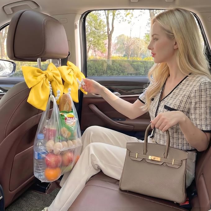 2PCS Satin Bow Pearl Car Seat Headrest Hooks – Car Bag Holder & Vehicle Hanger for Purses – Cute Coquette Aesthetic Interior Decoration – Cute Auto Organizer Accessories Universal (Sunshine Yellow)