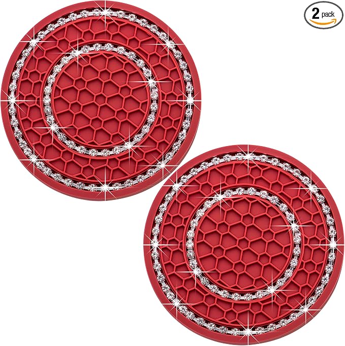 2PCS Bling Crystal Rhinestone Cup Coaster Insert, 2.75 inch Soft Silicone Anti-Slip Shockproof, Car Drink Holder Coaster, Universal Car Interior Accessories for Women (Red & White)