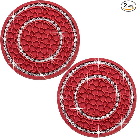 2PCS Bling Crystal Rhinestone Cup Coaster Insert, 2.75 inch Soft Silicone Anti-Slip Shockproof, Car Drink Holder Coaster, Universal Car Interior Accessories for Women (Red & White)