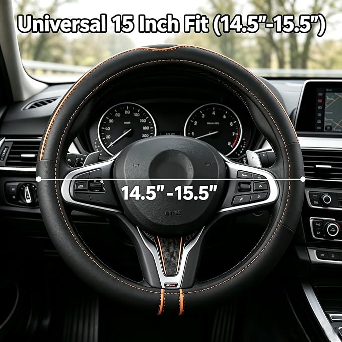 SHIAWASENA Auto Car Steering Wheel Cover, Universal 15 Inch Fit, Soft Leather, Breathable Anti Slip (Black&Orange)