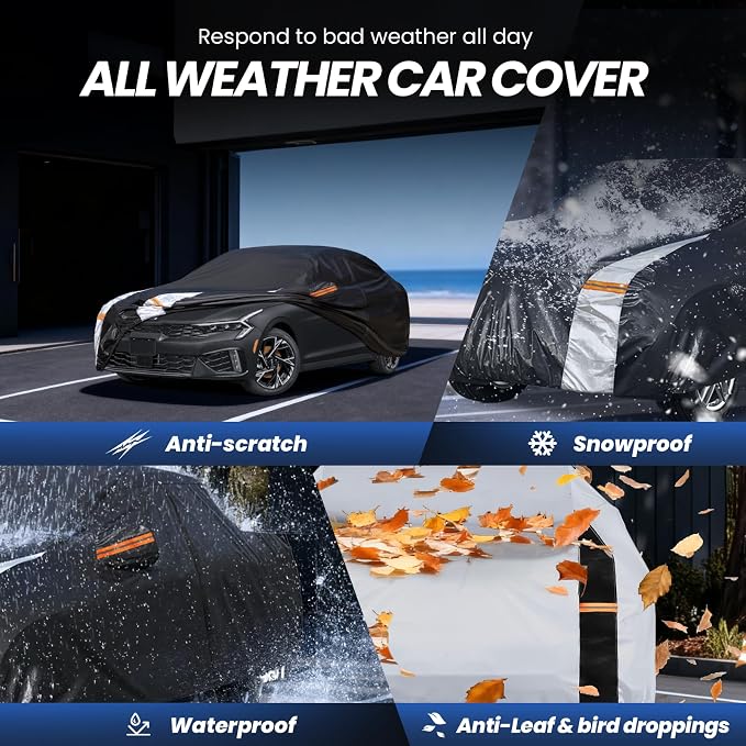 Multi-Layer Car Cover Custom Fit for Kia K5(2020-2026), 100% Waterproof All Weather for Automobiles, Gift with Towel, Heavy Duty Car Covers for Rain Sun UV Protection with Door Zipper