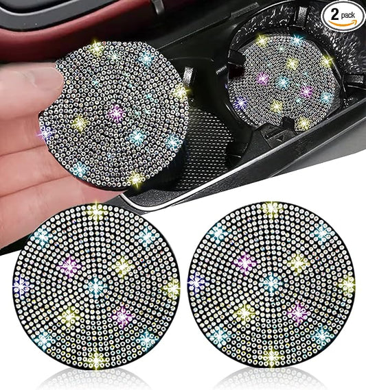NBTEPEM 2pcs Bling Car Cup Holder Coaster, 2.75 inch Anti-Slip Shockproof Universal Fashion Car Coasters Insert Bling Crystal Rhinestone Automotive Interior Accessories for Women (2 pcs, Multicolor)