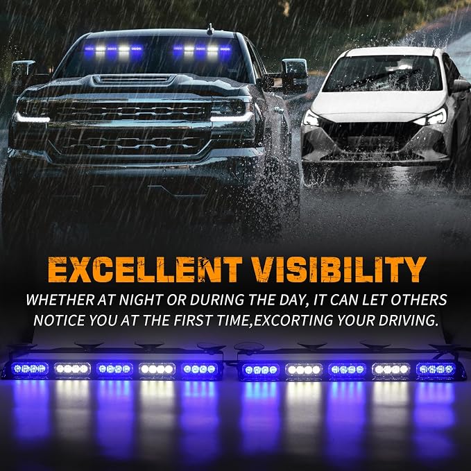 XRIDONSEN 2x 17 inch 40 LED Blue White Emergency Dash Strobe Lights | Interior Front/Rear Windshield Light Bar Safety Flashing Warning Hazard w/Suction Cups for Vehicles Trucks Car