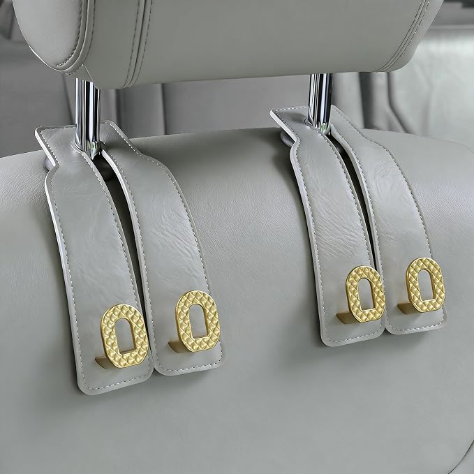 Car Headrest Hooks Universal Car Purse Hook Premium Leather and Alloy Twin Hook Car Seat Back Storage Hanger Hook for Purse Bags Cloth Drink Durable Holder Car Accessories (BH09-Grey-Gold)