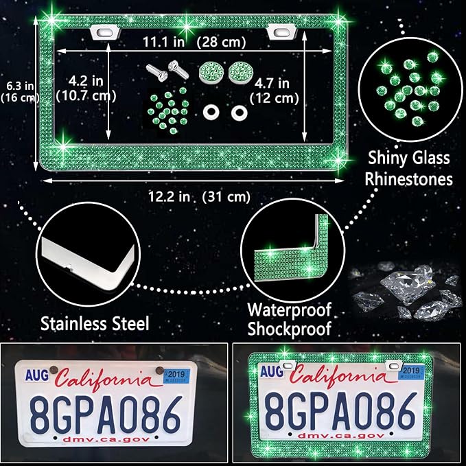 NBTEPEM 27 PCs Green Bling Car Accessories Set for Women, Steering Wheel Covers Universal Fit 15 Inch, Bling License Plate Frame, Bling Phone Holder, Bling Car Coasters (Green Diamond)