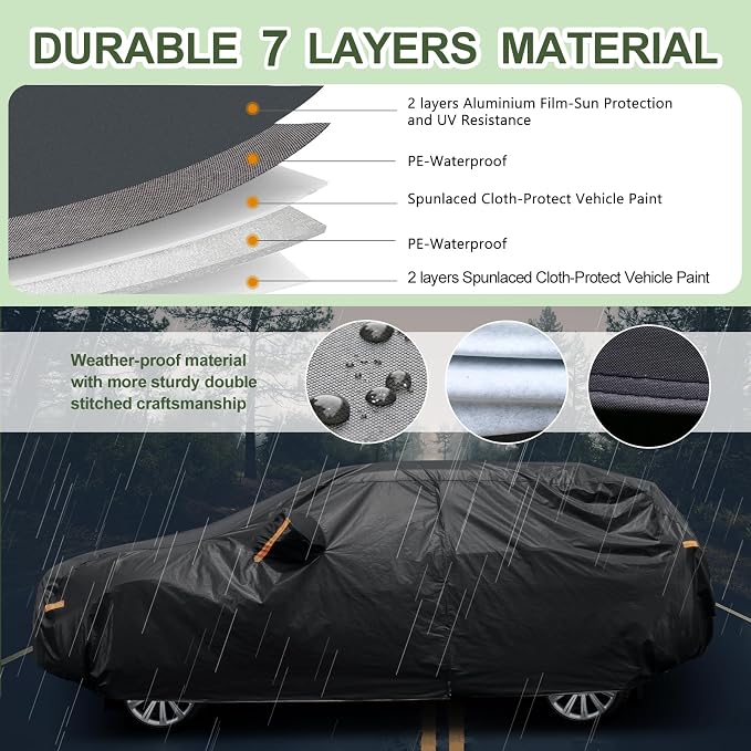 SEAZEN 7 Layers SUV Car Cover Waterproof All Weather, Heavy Duty Car Cover for Automobiles with Zipper Full Exterior Cover Outdoor UV Snow Wind Protection, Universal Full Car Cover 176" to 190"