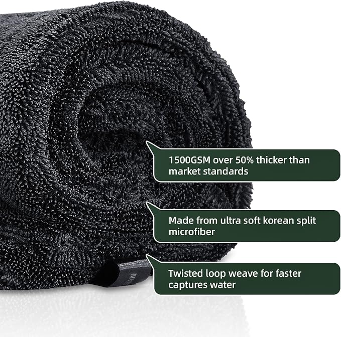 2 Pack 1500GSM Microfiber Drying Towel for Car 24"x36" & 11.8"x11.8"(Grey) | Ultra Absorbent Streak-Free Lint Free Twisted-Loop Cleaning Cloth for Cars Motorcycles Windows Kitchen