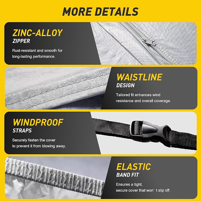 Caromop 10-Layer Waterproof Car Cover All Weather Protection (Snow, Rain, Sun) with Secure Fit Straps and Easy On/Off Zipper-Size S5 (See Size-Chart)