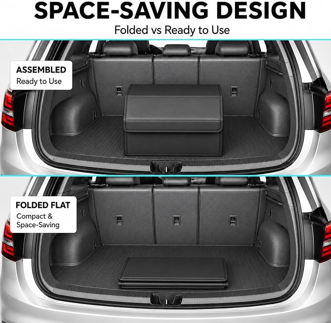 Car Trunk Organizer, Foldable Cargo Storage Box with Hook-and-Loop Lid, Suede & Faux Leather Trunk Organizer for SUV Sedan Truck, Adjustable Divider, Handles, Black, 19.7inches