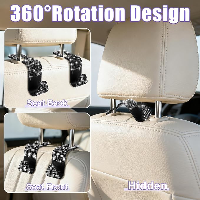 BFXM 6 Pack Bling Car Seat Headrest Hooks, Car Accessories for Women, Rhinestone Purse Hook for Car, Universal Storage Organizer for Handbag Grocery Bags Coats (Bling Black)