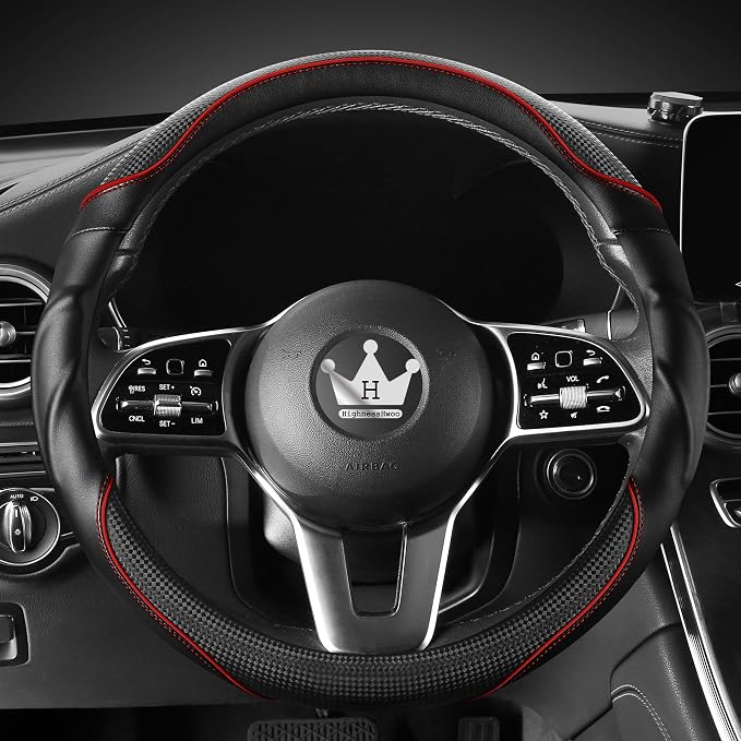 HighnessHwoo 3D Car Steering Wheel Cover Comfort Grip Massage Sporty Anti-Slip Carbon Fiber Faux Leather for F150, Trucks, Jeep, Van, Car Handle Covers for All Seasons, 15.2-16in, Red