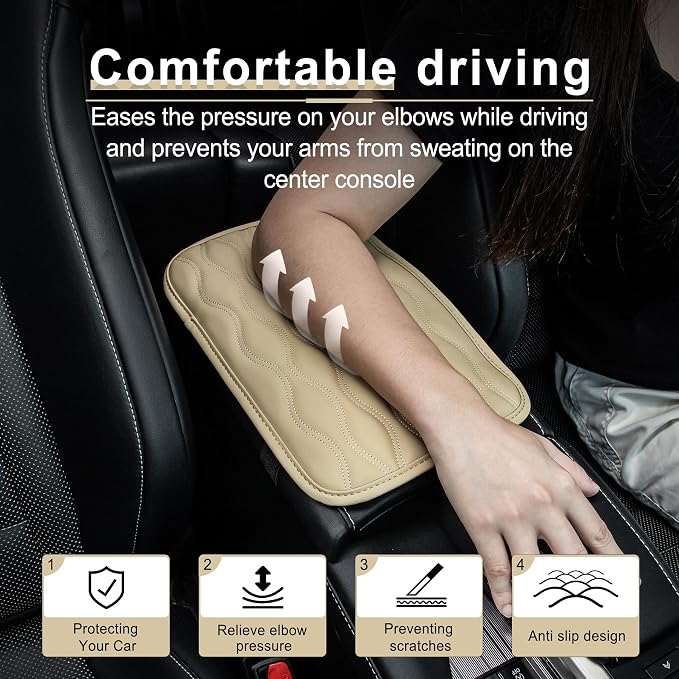 Amiss Car Center Console Cover, Upgraded Leather Car Armrest Cushion, Universal Waterproof Cushion Pad, Non-Slip Car Interior Accessories, Fits Most Sedans SUVs Trucks (Beige)