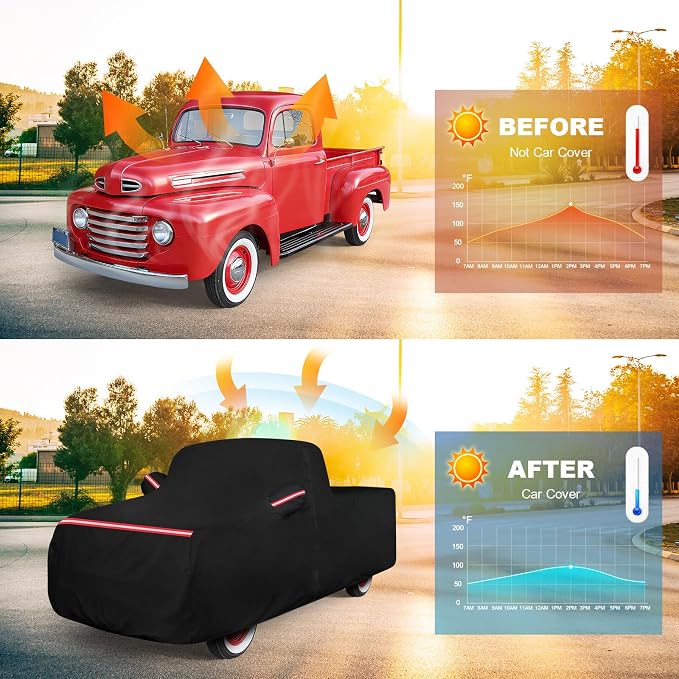 QUNSUNUS F100 Truck Cover 1948-1983 and F150 1980-2003 Regular Cab Short&Standard Bed, Waterproof F100 Car Cover with Elastic Edge, All Weather F150 Cover with Straps and Zipper
