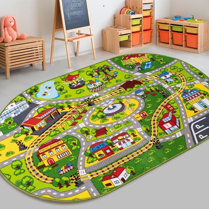 Boooooom Jackson Kids Train & City Rug, 4'11" x 6'7" | Non-Slip Washable Train & City Play Mat, OEKO-TEX Certified, Gift for Toddlers, Classroom & Playroom
